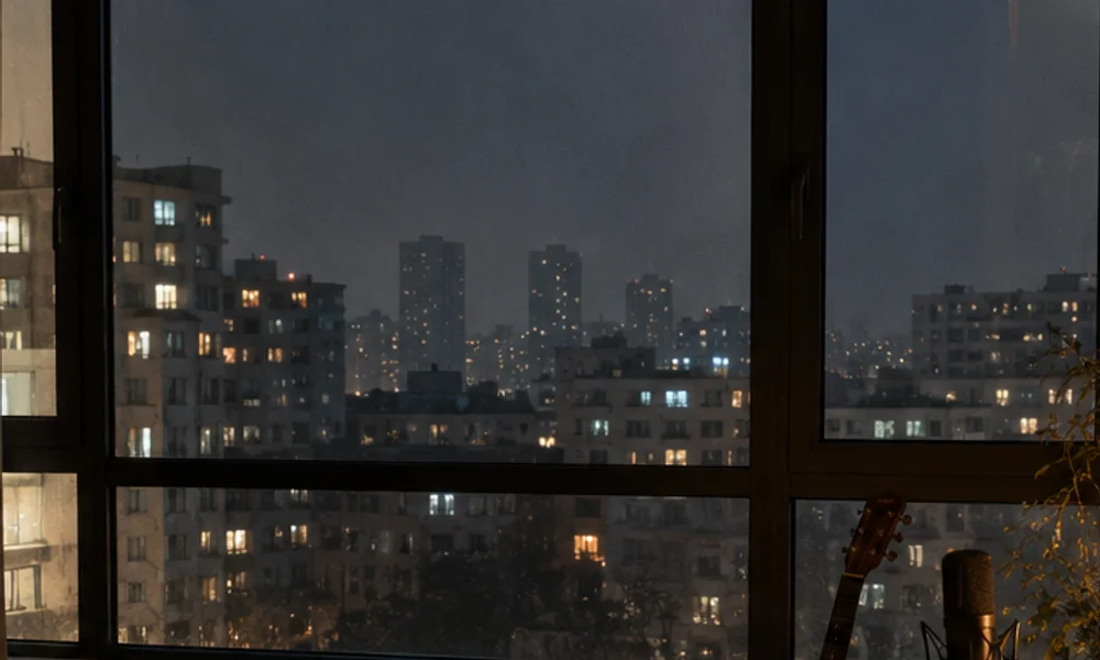 窗外安静的城市夜景与零散的灯光